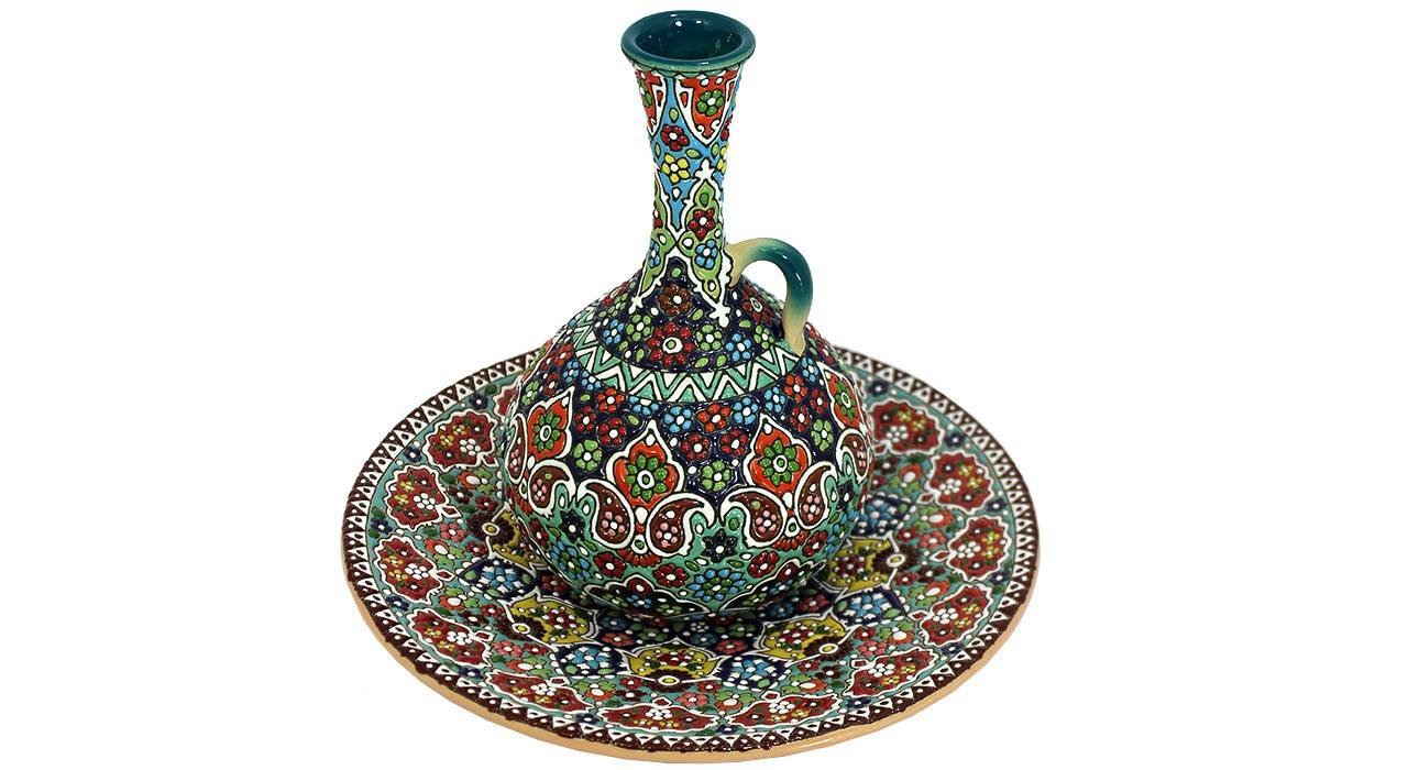 Iranian Enamel Handicraft Pottery Pitcher And Dish Tongi Sozani Model,persian pots,enamel handicrafts,enamel