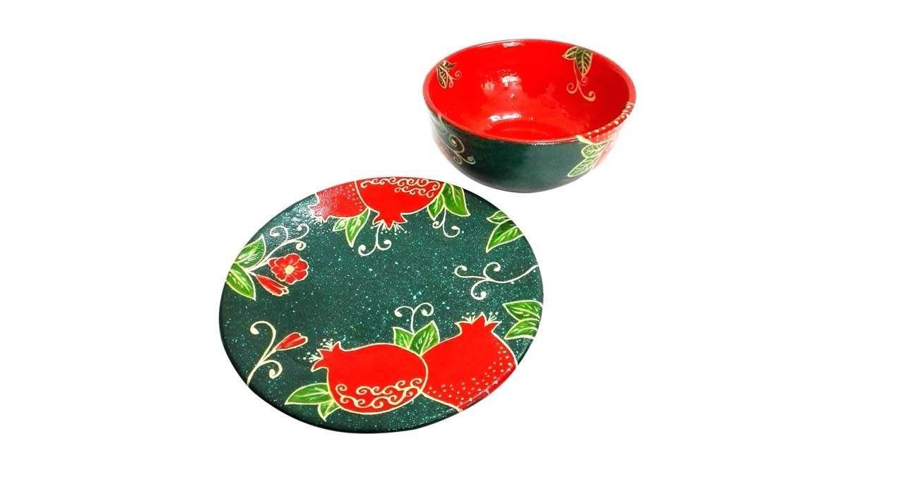 Handmade Pottery set Bowl and dish anar design 2 pcs code 14594,Handmade Pottery set Bowl and dish,pottery shop,buy pottery handicrafts