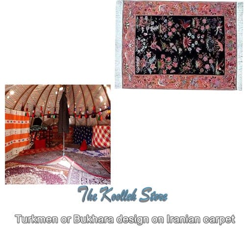 Turkmen or Bukhara design on Iranian carpet , Turkmen or Bukhara design in carpet, carpet weaving art, Iranian carpet weaving art, carpet, Koolleh magazine