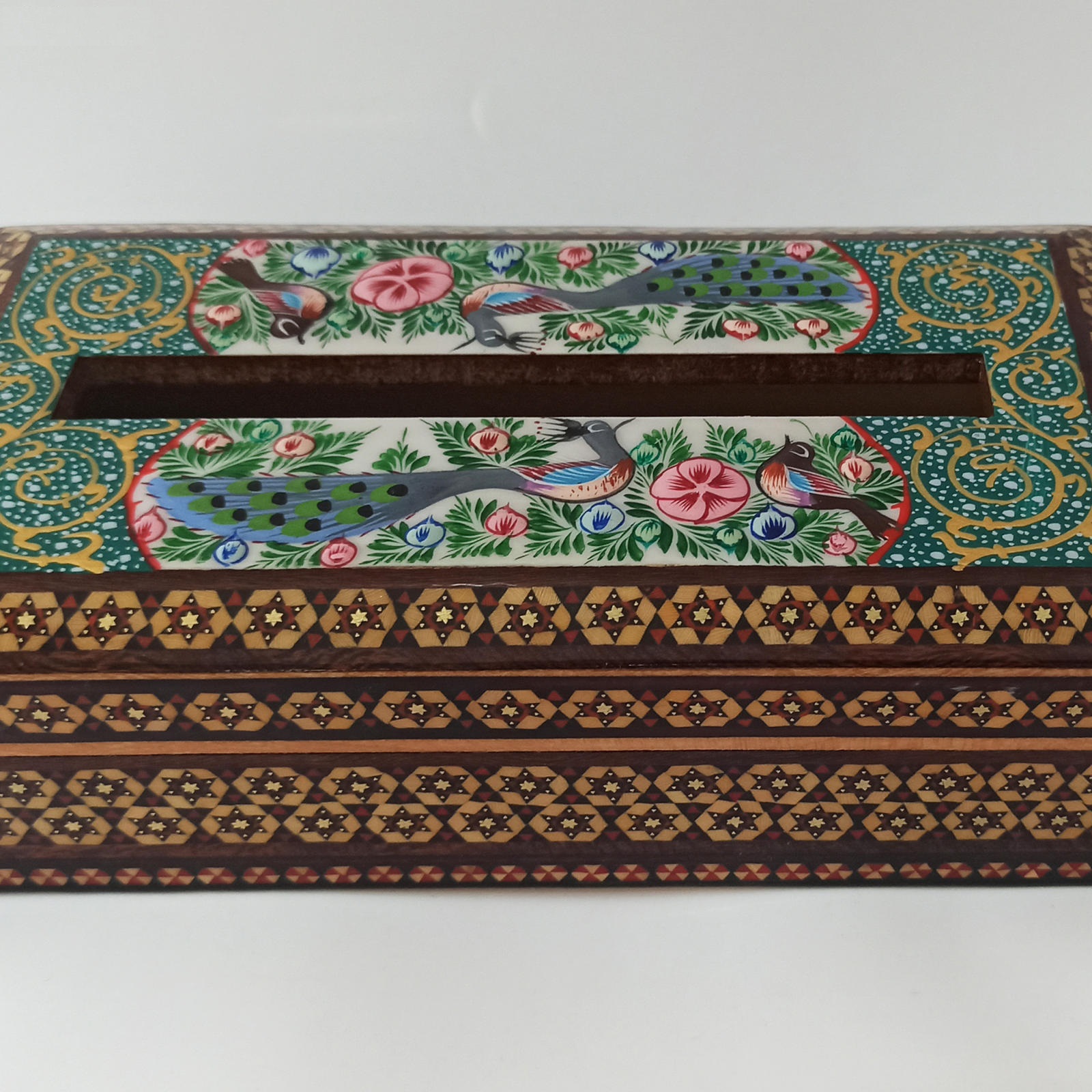 Khatam Tissue Box Flower and chicken design Golsar model code G-1144 , Khatam Tissue, Inlaid, Khatam Tissue Box, Khatam