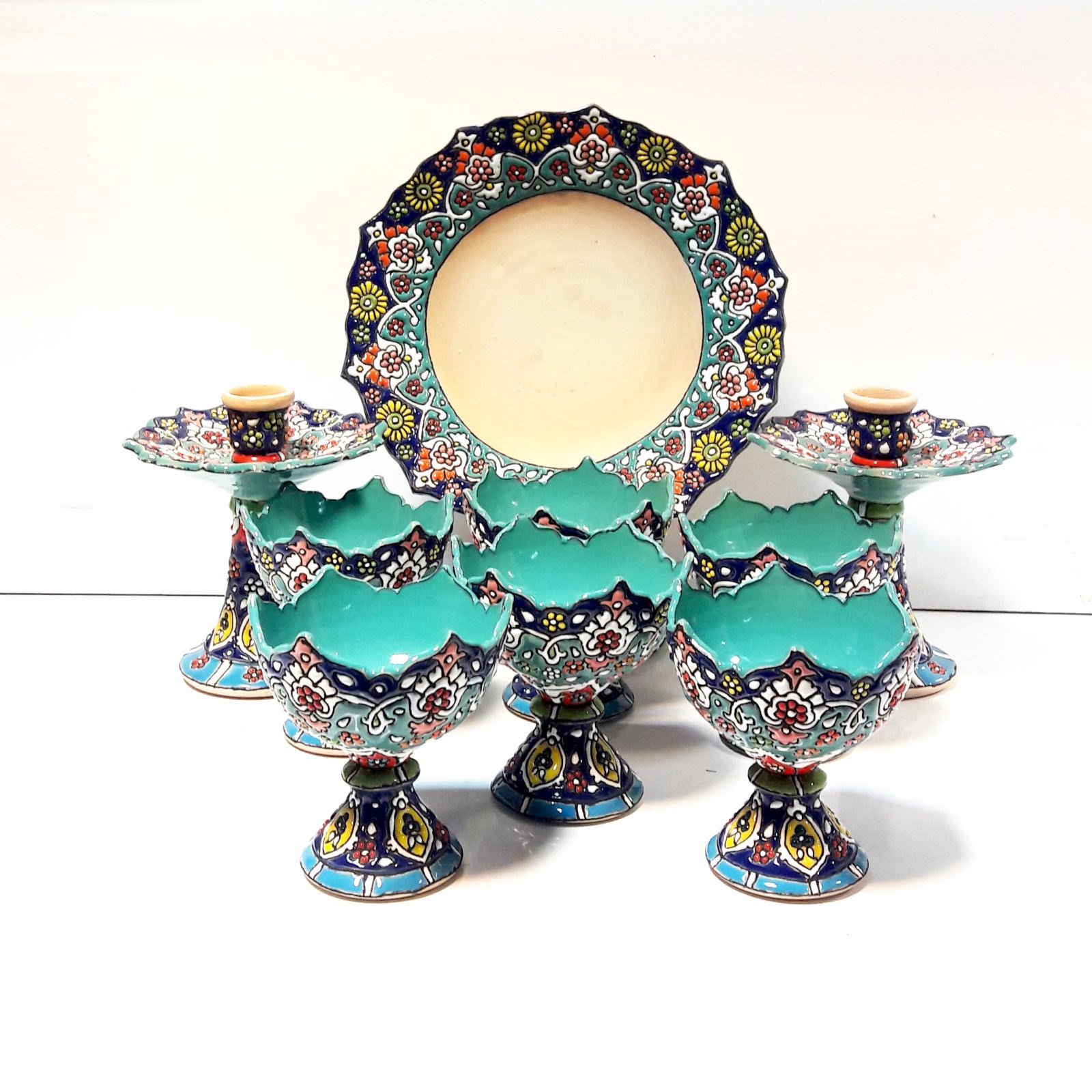 Enamel Handicraft pottery Candlestick and mirror and bowl code 9009 collection 9 pcs,émail, plats en émail, artisanat émail