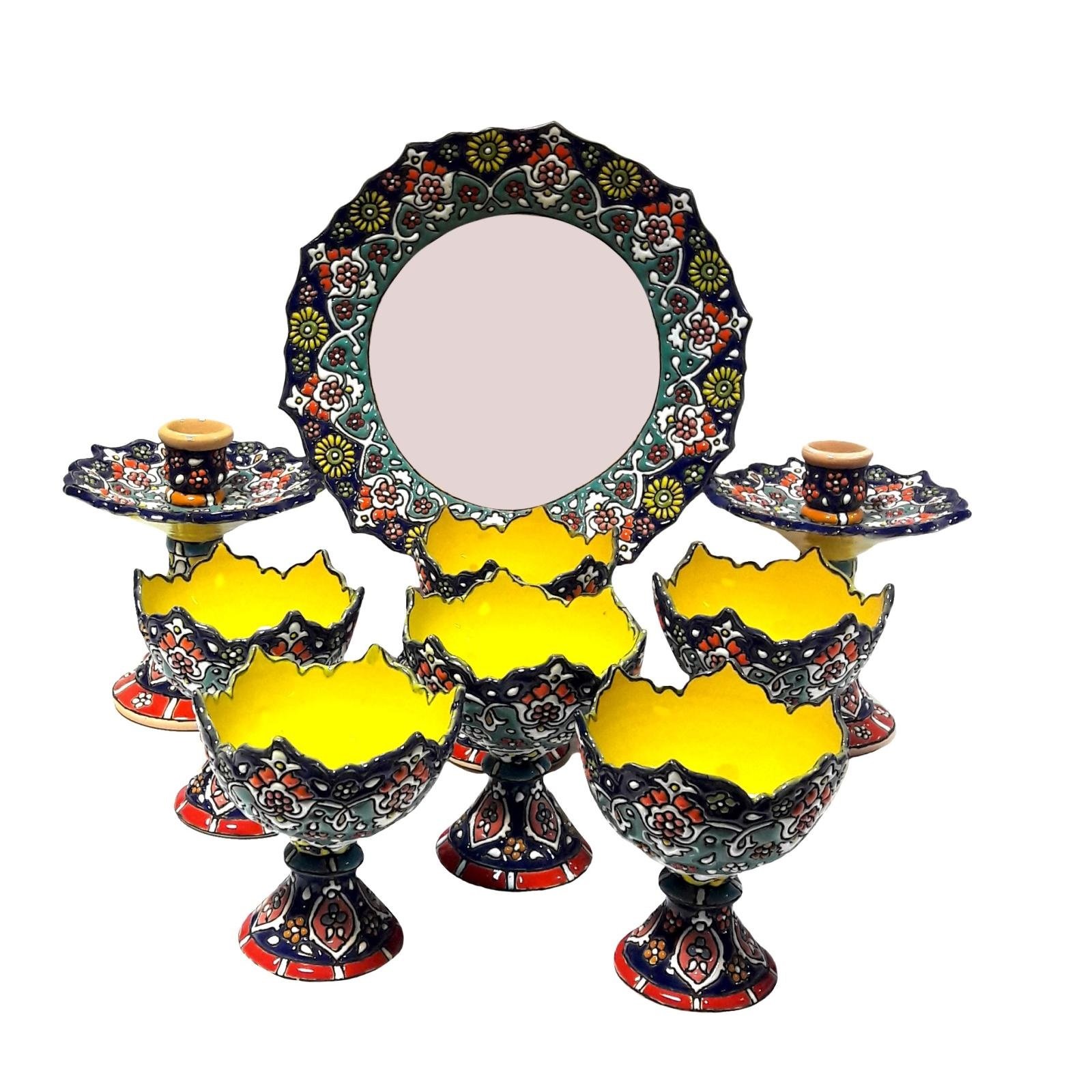 Enamel Handicraft pottery Candlestick and mirror and bowl code 9009 collection 9 pcs,émail, plats en émail, artisanat émail