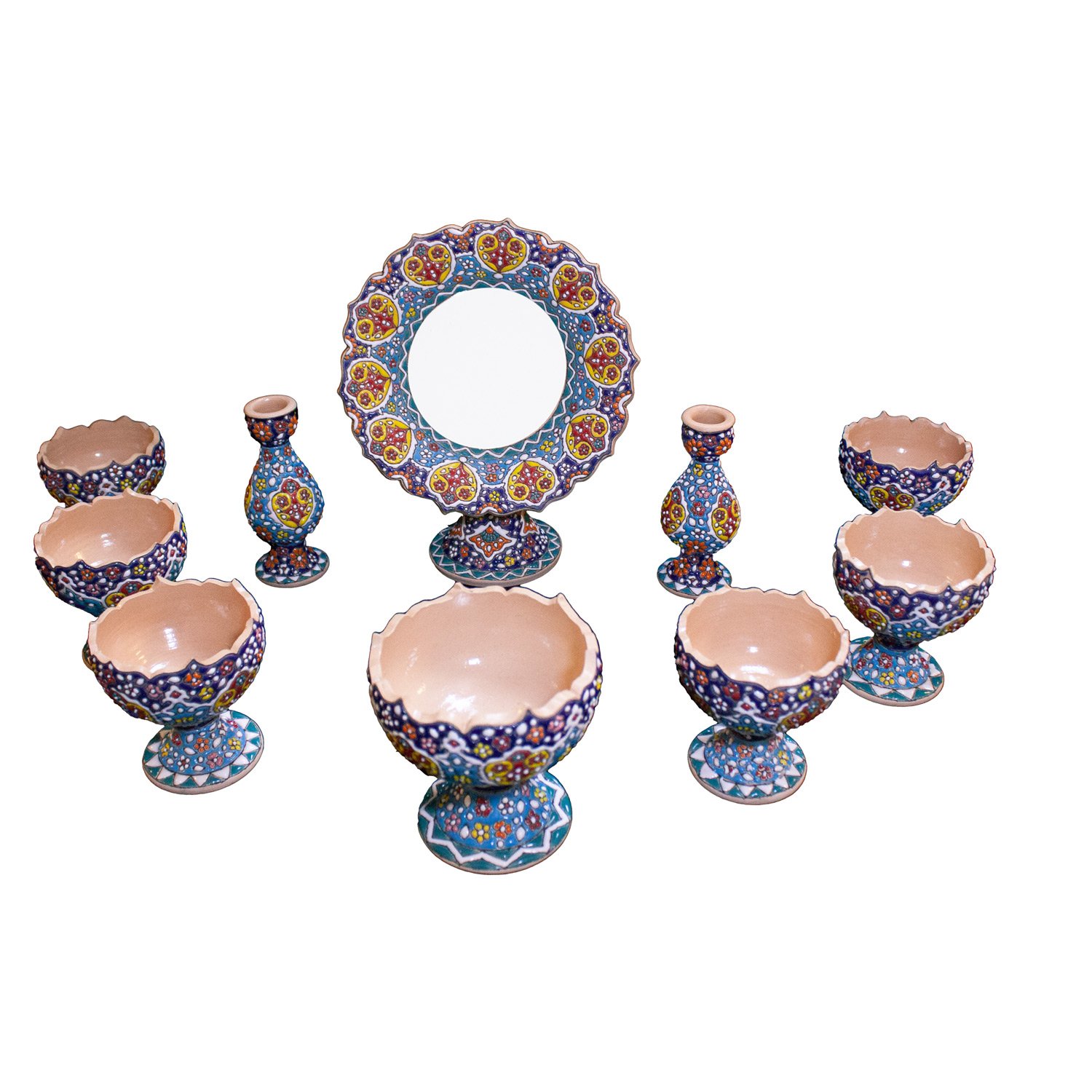 Enamel Handicraft pottery Candlestick and mirror and bowl code M99 set 10 pcs,dish handicraft,handicraft pots,handicrafts plates,hand plate