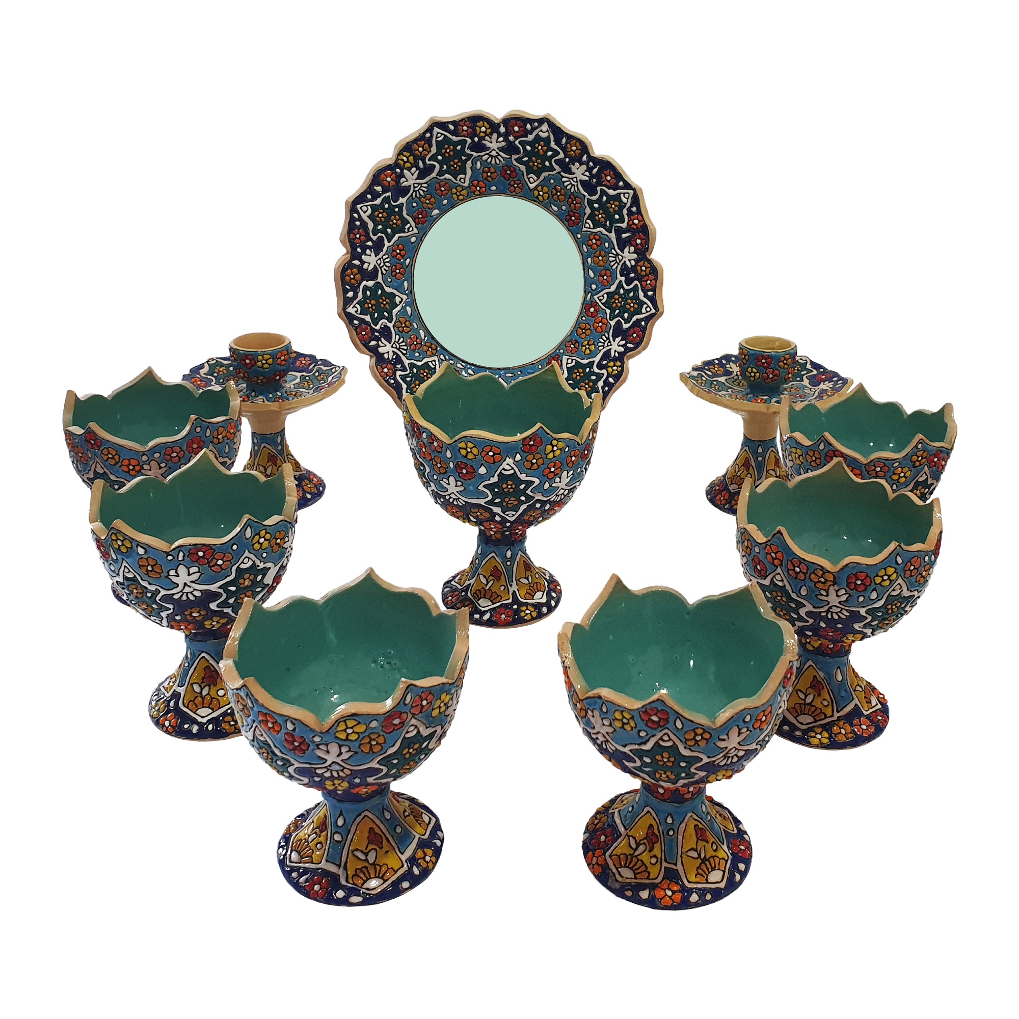 Enamel Handicraft pottery Candlestick and mirror and bowl code MC21 set 10 pcs,buy enamel plate,buy enamels,buy blue enamel,buy traditional enamel,buy dishes,decoration plates,decoration dishes,decoration pot