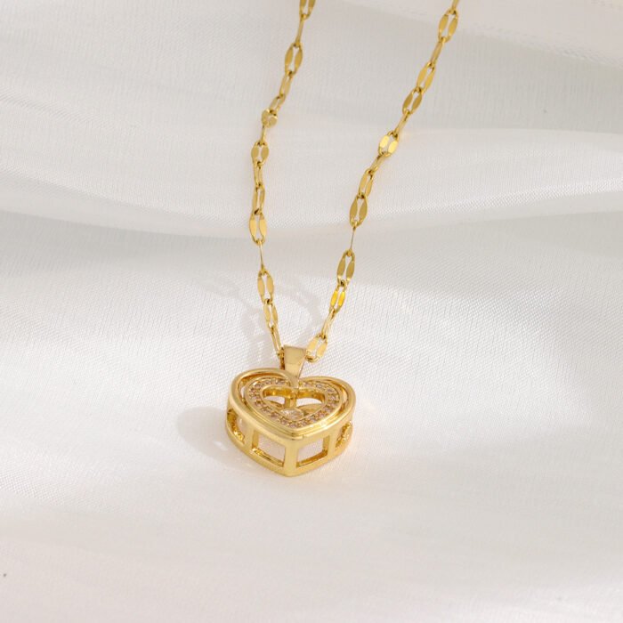 Double-Layer Heart Necklace with Rhinestones - Image 5