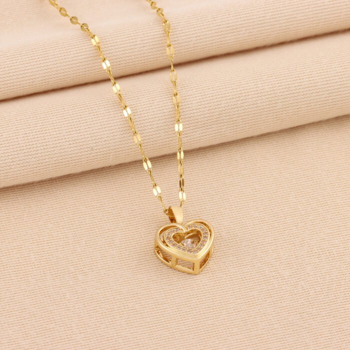 Double-Layer Heart Necklace with Rhinestones - Image 3