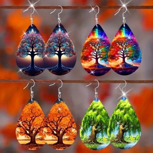 Double-sided Pattern Green Weeping Willow Wooden Exquisite Water Drop Earrings