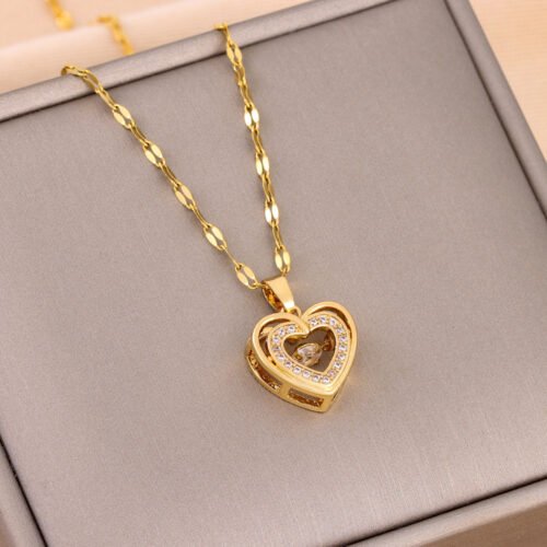 Double-Layer Heart Necklace with Rhinestones