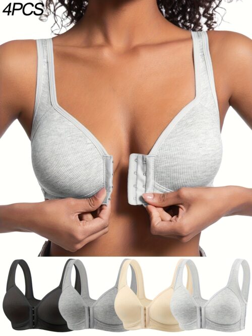 4pcs Seamless Push-Up Bras – Front Closure, Wirefree & Breathable Nylon (Beige & Black)