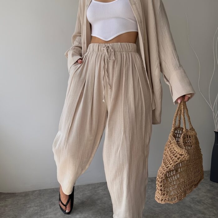2-Piece Women's Fashion Suit – Lapel Long-Sleeve Shirt & High-Waisted Pants - Image 11