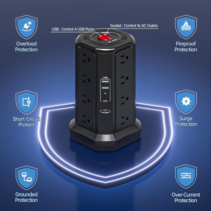 Power Strip Tower with USB C – 16 AC Outlets, 5 USB Ports, Flat Plug Surge Protector - Image 7