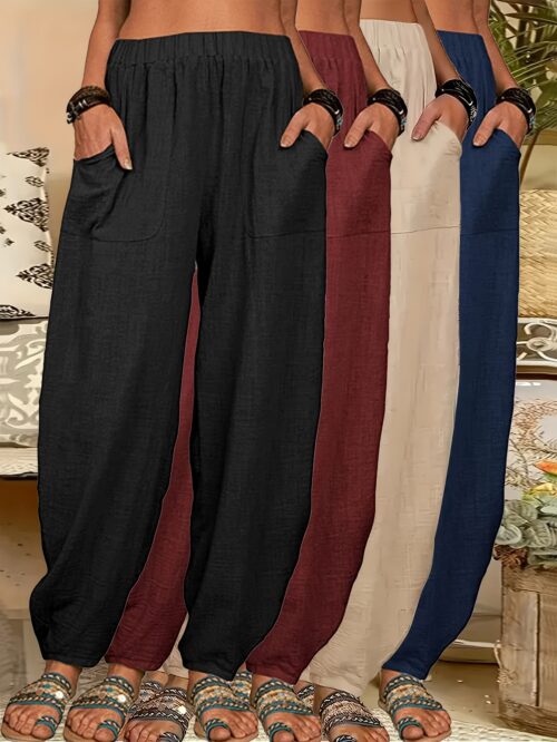 4pcs Women's Lightweight Harem Pants – Elastic Waist, Loose Fit with Pockets (Multi-Color)