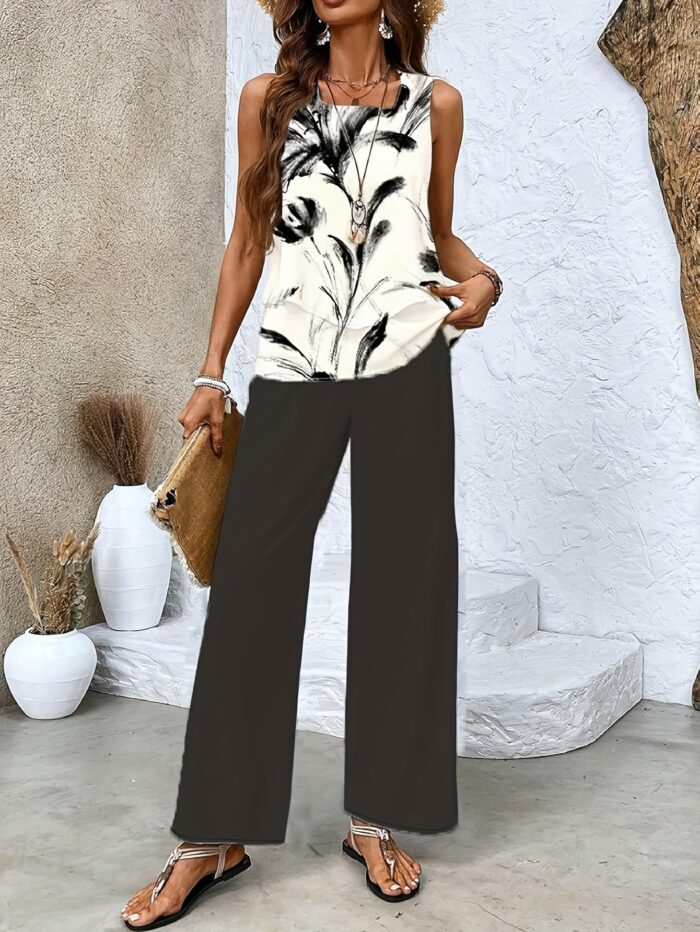 Textured Stripe Vest Suit – Square Neck Sleeveless Top & Straight Pants, Double-Layer Comfort - Image 2