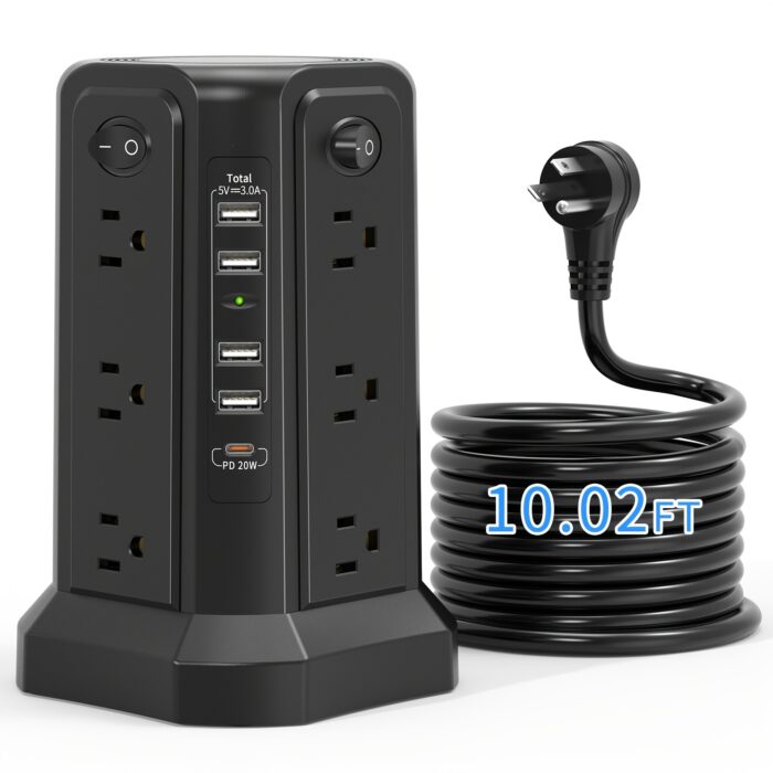 Power Strip Tower with USB C – 16 AC Outlets, 5 USB Ports, Flat Plug Surge Protector - Image 14
