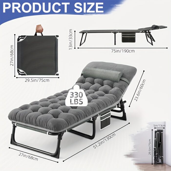 Heavy-Duty Folding Camping Cot with Mattress – 4‑Position Adjustable, Carbon‑Steel Frame & Removable Pillow - Image 2