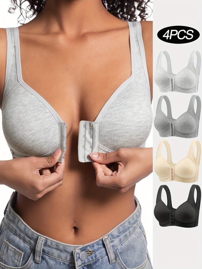 4pcs Seamless Push-Up Bras – Front Closure, Wirefree & Breathable Nylon (Beige & Black) - Image 4