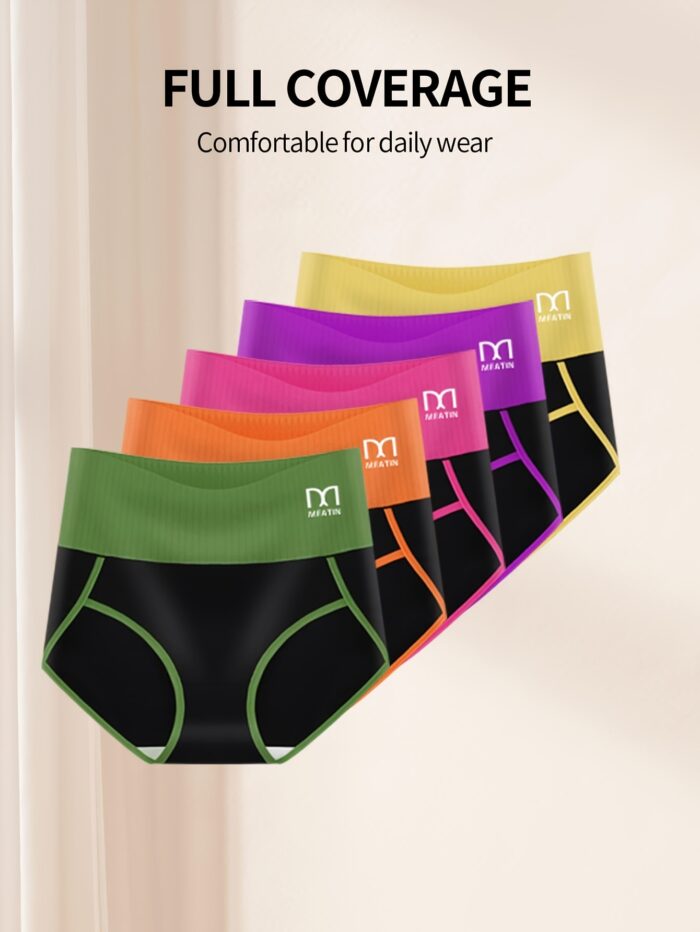 5pcs High Waist Tummy Control Underwear – Contrast Color Bikini Briefs for Women - Image 8