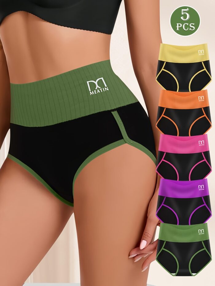 5pcs High Waist Tummy Control Underwear – Contrast Color Bikini Briefs for Women - Image 2