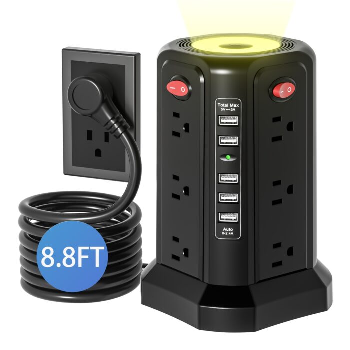 Power Strip Tower with USB C – 16 AC Outlets, 5 USB Ports, Flat Plug Surge Protector - Image 6