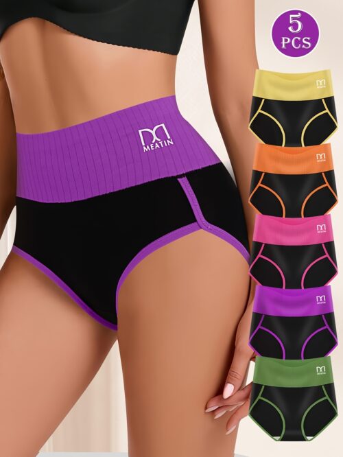 5pcs High Waist Tummy Control Underwear – Contrast Color Bikini Briefs for Women