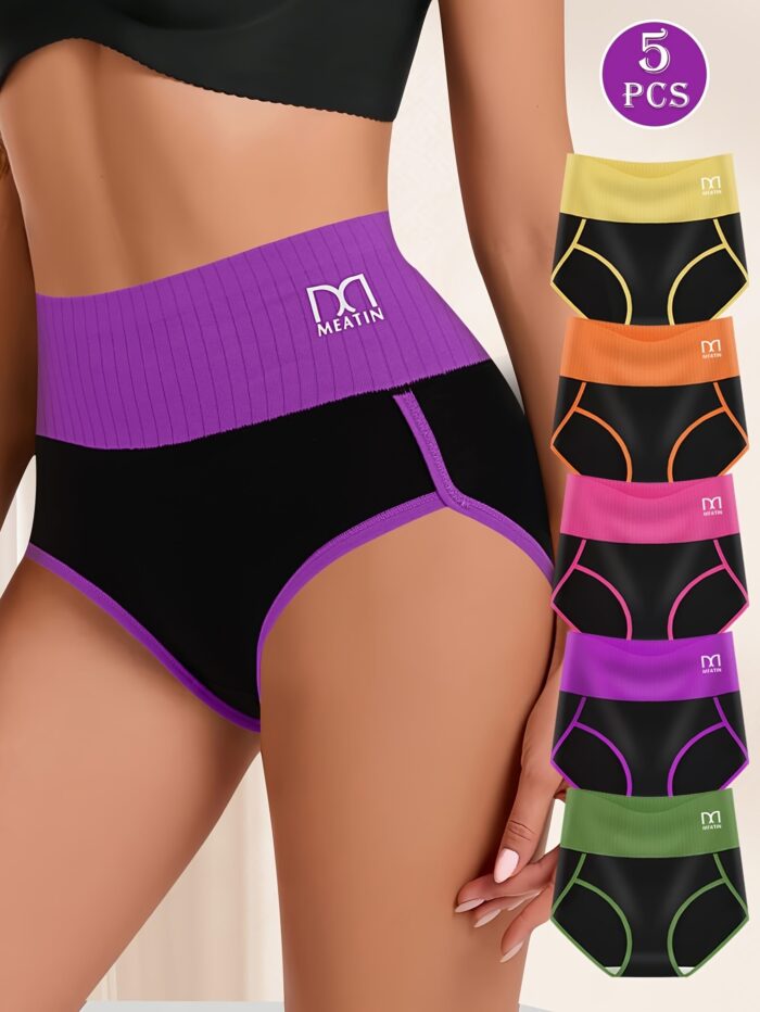 5pcs High Waist Tummy Control Underwear – Contrast Color Bikini Briefs for Women
