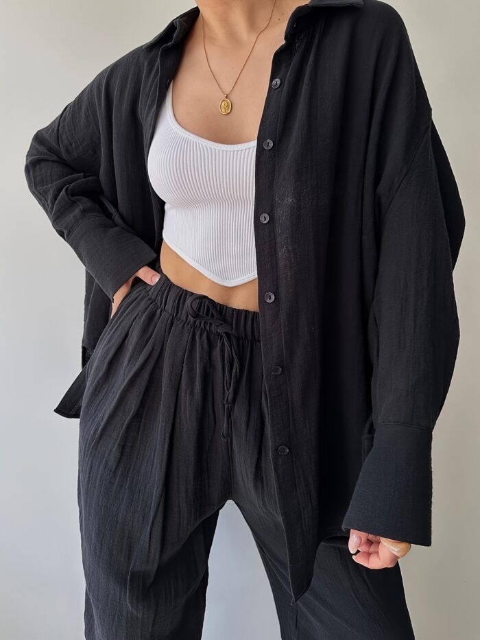 2-Piece Women's Fashion Suit – Lapel Long-Sleeve Shirt & High-Waisted Pants - Image 3
