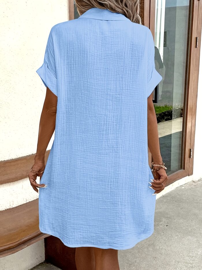 Women’s V-Neck Blouse Dress – 100% Cotton, Short Sleeve, Button Detail (Light Blue) - Image 8