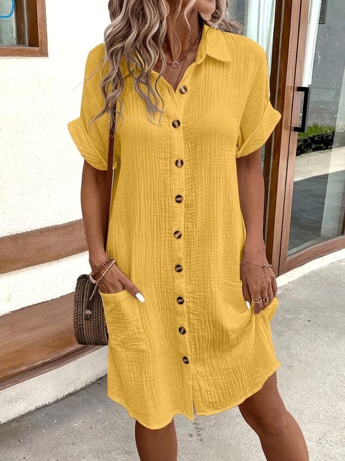 Women’s V-Neck Blouse Dress – 100% Cotton, Short Sleeve, Button Detail (Light Blue) - Image 4