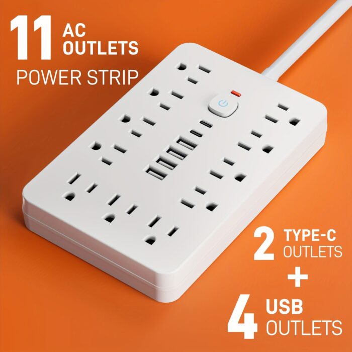 17-in-1 Surge Protector Power Strip – 11 AC, 4 USB, 2 Type-C, Flat Plug Design - Image 6