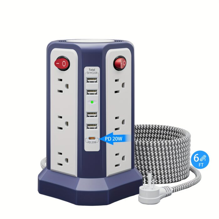 Power Strip Tower with USB C – 16 AC Outlets, 5 USB Ports, Flat Plug Surge Protector - Image 3