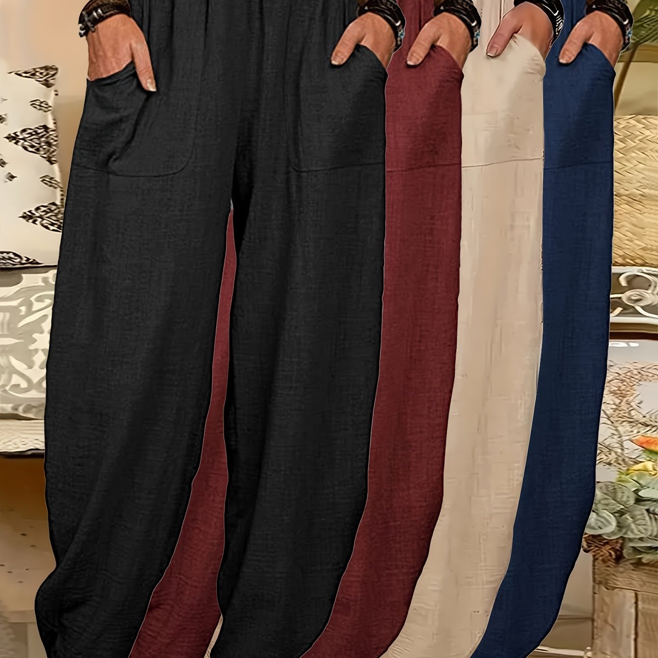 4pcs Women's Lightweight Harem Pants – Elastic Waist, Loose Fit with Pockets (Multi-Color) - Image 11