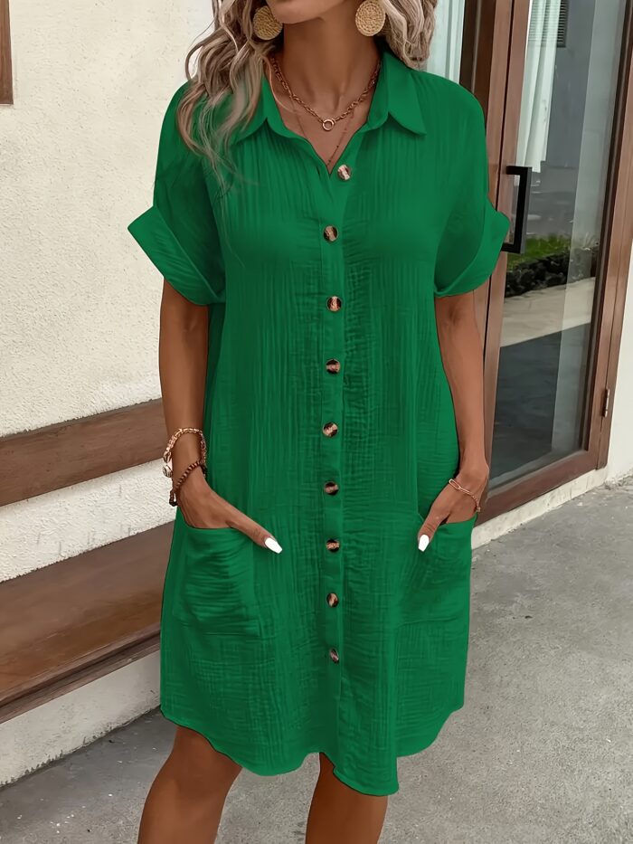 Women’s V-Neck Blouse Dress – 100% Cotton, Short Sleeve, Button Detail (Light Blue) - Image 3