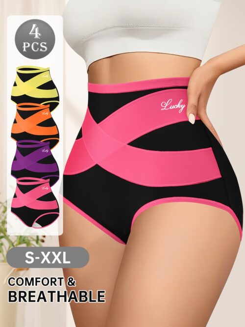 4pcs Tummy Control Panties – High-Waisted Shaping Briefs with Mesh & Cross Waistband