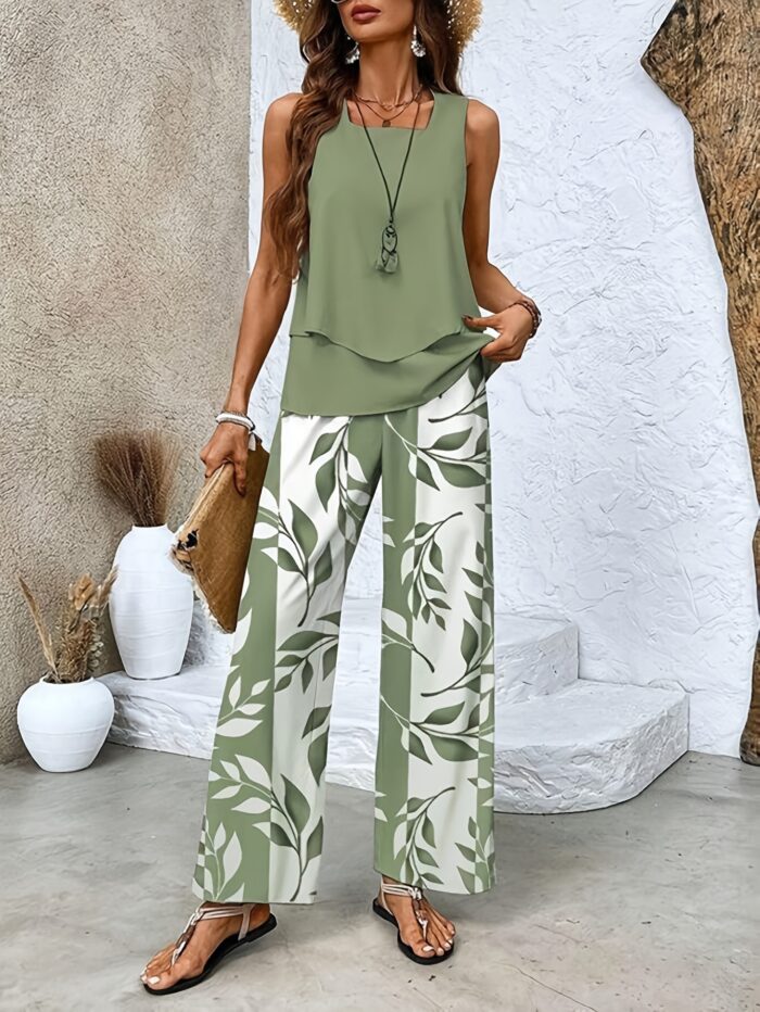 Textured Stripe Vest Suit – Square Neck Sleeveless Top & Straight Pants, Double-Layer Comfort - Image 4