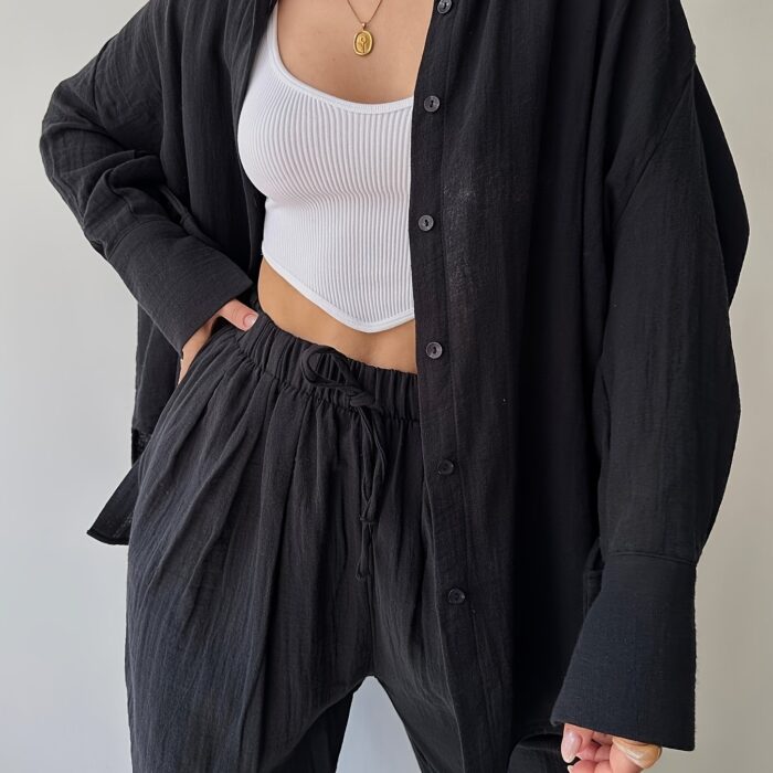 2-Piece Women's Fashion Suit – Lapel Long-Sleeve Shirt & High-Waisted Pants - Image 12