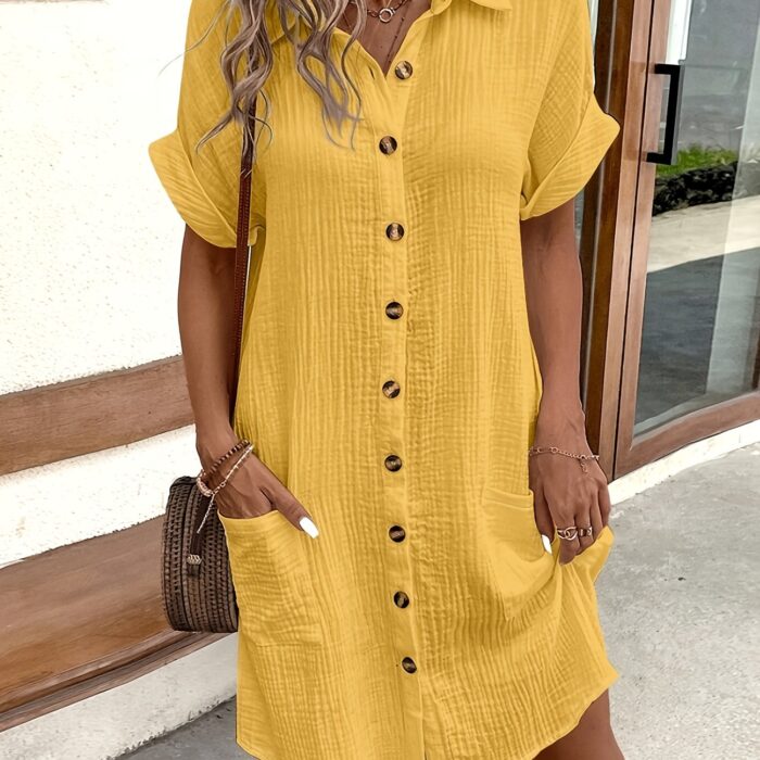 Women’s V-Neck Blouse Dress – 100% Cotton, Short Sleeve, Button Detail (Light Blue) - Image 15