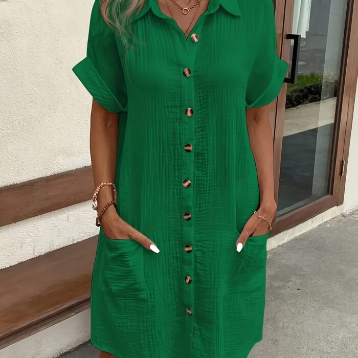 Women’s V-Neck Blouse Dress – 100% Cotton, Short Sleeve, Button Detail (Light Blue) - Image 18