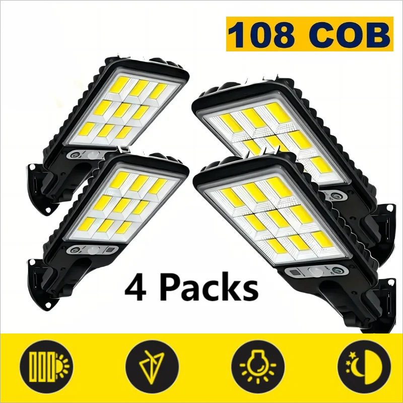 1/2/4-Pack Solar Street Lights – 108 COB LED with Remote & Motion Sensor, 3 Adjustable Modes