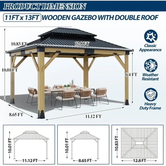 11FTx13FT Heavy-Duty Cedar Gazebo with Steel Hardtop - Outdoor Patio Wood Frame - Image 6