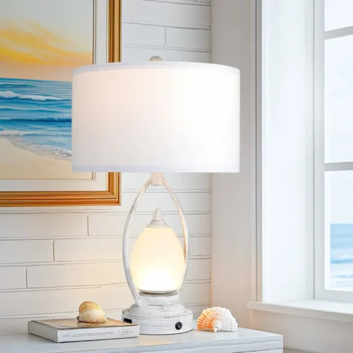 23" Coastal Table Lamps – Dual Light with Rotary Switch, Weathered White Metal & Frosted Glass