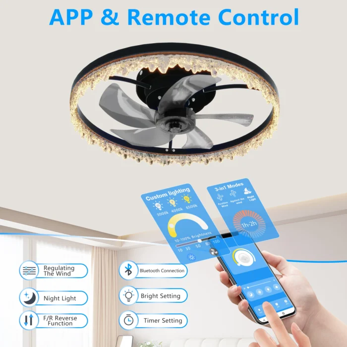 ARLGSITE Modern LED Ceiling Fan – Crystal Edge, Quiet Fan with Remote & APP Control - Image 4