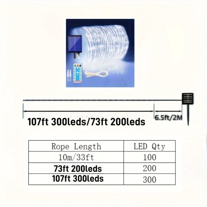107ft/73ft Solar Rope Lights – 300/200 LED Waterproof IP65 String Lights with 8 Modes - Image 5