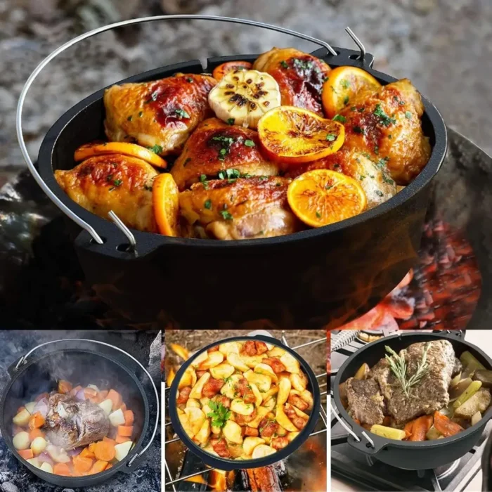 8Qt Pre-Seasoned Cast Iron Dutch Oven - Camping Cookware Pot with Lid Lifter & Metal Handle - Image 4