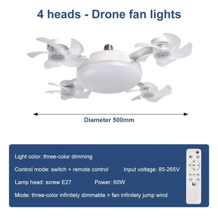 Drone Fan with LED Light – Remote Control Silent Ceiling Fan, E27 Universal Dimming - Image 6