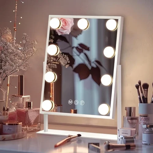 Illuminated Vanity Mirror – 9 LED Bulbs, 10x Magnifier, 3 Color Modes & 360° Swivel