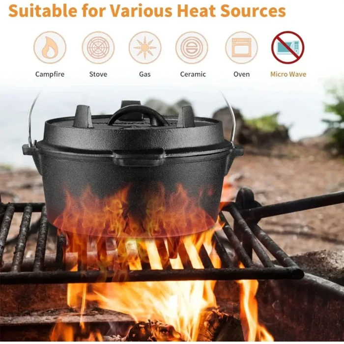 8Qt Pre-Seasoned Cast Iron Dutch Oven - Camping Cookware Pot with Lid Lifter & Metal Handle - Image 3