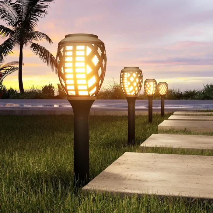 8PCS Solar Yard Lights – Water-Resistant Flickering Flame Torch Landscape Lighting