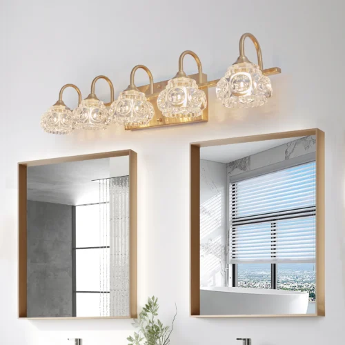 29" Modern Crystal Vanity Light – 5-Light Gold Wall Sconce with Clear Glass Shades