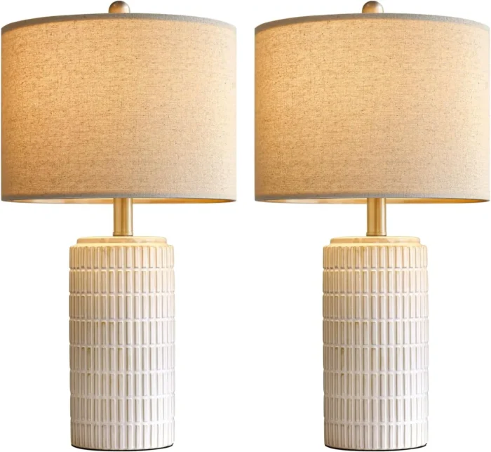 Set of 2 White Ceramic Table Lamps – Farmhouse Bedside & Living Room Desk Lighting - Image 4