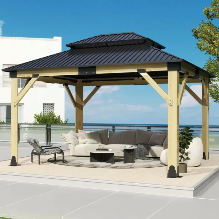 11FTx13FT Heavy-Duty Cedar Gazebo with Steel Hardtop - Outdoor Patio Wood Frame - Image 2